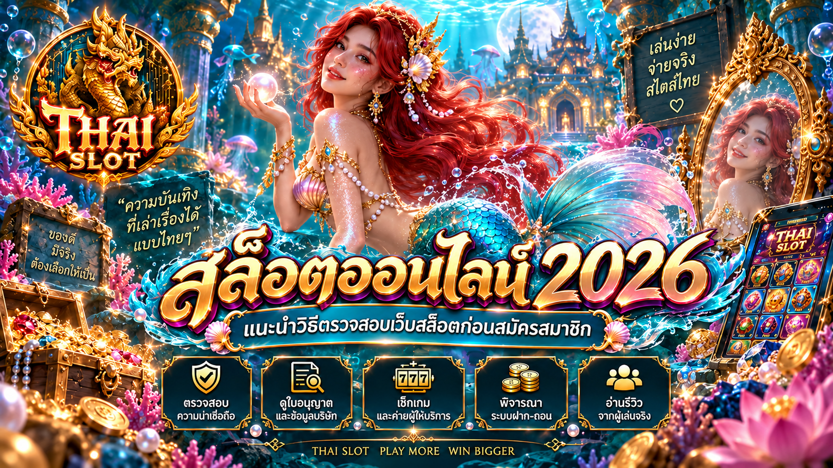 หน้าจอเกมสล็อตสมมติสำหรับอธิบายสัญลักษณ์และกติกา